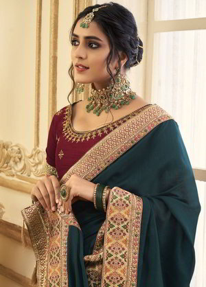 Сине-зелёное и синее индийское сари из жаккардовой ткани и шёлка, украшенное вышивкой люрексом с кружевами