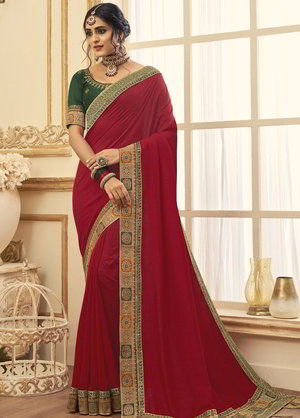Красное жаккардовое и шёлковое индийское сари, украшенное вышивкой люрексом с кружевами