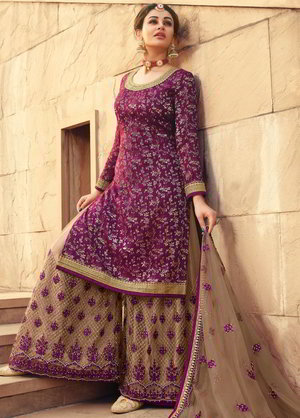 Пурпурное платье / костюм из жаккардовой ткани и фатина, украшенное вышивкой