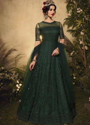 Зелёное длинное платье в пол / анаркали / костюм из фатина, украшенное скрученной шёлковой нитью
