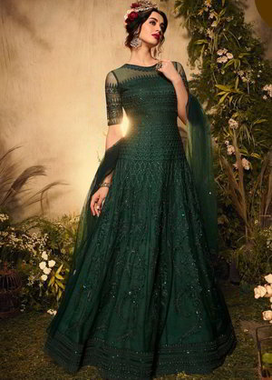 Зелёное длинное платье в пол / анаркали / костюм из фатина, украшенное скрученной шёлковой нитью