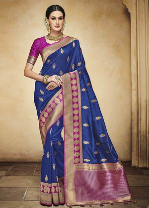 Тёмно-синее жаккардовое, шёлковое и шёлковое индийское сари, украшенное вышивкой