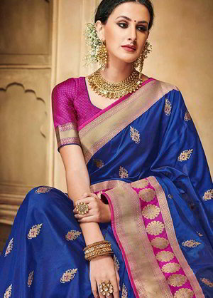Тёмно-синее жаккардовое, шёлковое и шёлковое индийское сари, украшенное вышивкой