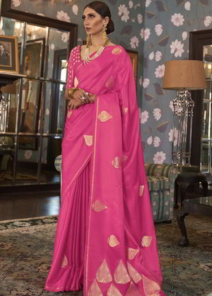 Розовое индийское сари из шёлкового атласа и жаккардовой ткани