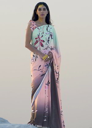 Цвета морской волны, персиковое и розовое индийское сари из шёлкового атласа, украшенное печатным рисунком