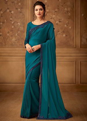 Сине-зелёное и синее шёлковое индийское сари, украшенное вышивкой шёлковыми нитями, вышивкой люрексом