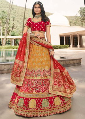 Жёлтый и красный шёлковый и жаккардовый индийский женский свадебный костюм лехенга (ленга) чоли, украшенный вышивкой люрексом со стразами, пайетками