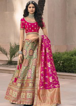 Зелёный и цвета фуксии шёлковый и жаккардовый индийский женский свадебный костюм лехенга (ленга) чоли, украшенный вышивкой люрексом со стразами, пайетками