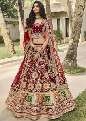 Бордовый индийский женский свадебный костюм лехенга (ленга) чоли из бархата, украшенный вышивкой люрексом, скрученной шёлковой нитью со стразами, пайетками, кружевами