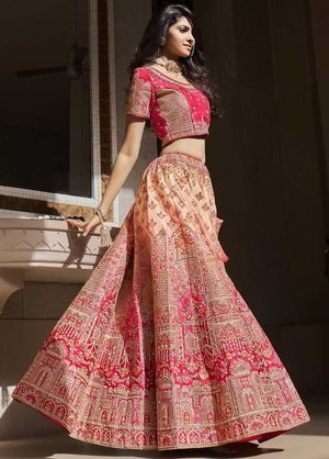 Персиковый, розовый и цвета фуксии шёлковый индийский женский свадебный костюм лехенга (ленга) чоли, украшенный вышивкой люрексом, скрученной шёлковой нитью со стразами, пайетками, кружевами