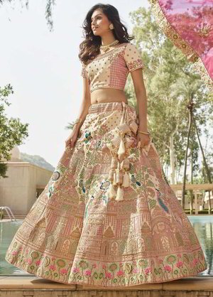 Разноцветный шёлковый индийский женский свадебный костюм лехенга (ленга) чоли, украшенный вышивкой люрексом, скрученной шёлковой нитью со стразами, пайетками, кружевами