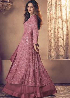 Розовое длинное платье / анаркали / костюм из креп-жоржета с пайетками