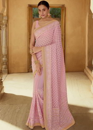 Розовое индийское сари из креп-жоржета