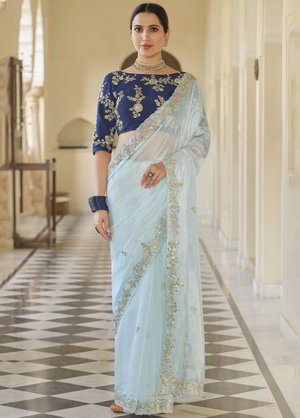 Голубое индийское сари из органзы и фатина, украшенное вышивкой люрексом, скрученной шёлковой нитью