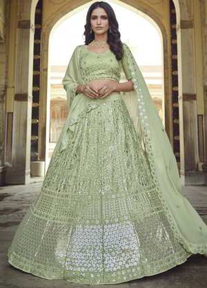 Зелёный индийский женский свадебный костюм лехенга (ленга) чоли из креп-жоржета, украшенный скрученной шёлковой нитью, вышивкой с пайетками