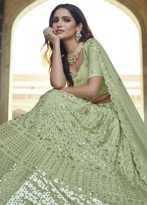 Зелёный индийский женский свадебный костюм лехенга (ленга) чоли из креп-жоржета, украшенный скрученной шёлковой нитью, вышивкой с пайетками