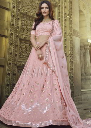 Розовый индийский женский свадебный костюм лехенга (ленга) чоли из креп-жоржета, украшенный скрученной шёлковой нитью, вышивкой с пайетками