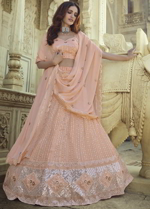 Персиковый индийский женский свадебный костюм лехенга (ленга) чоли из креп-жоржета, украшенный скрученной шёлковой нитью, вышивкой с пайетками