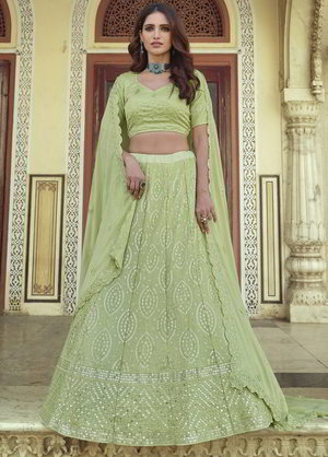 Светло-зелёный индийский женский свадебный костюм лехенга (ленга) чоли из креп-жоржета, украшенный скрученной шёлковой нитью, вышивкой с пайетками