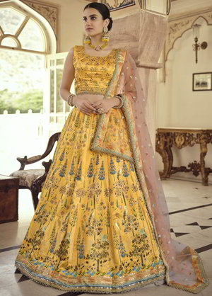 Жёлтый индийский женский свадебный костюм лехенга (ленга) чоли из креп-жоржета и шёлка с пайетками