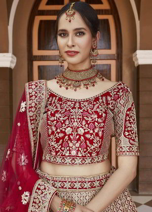 Красный индийский женский свадебный костюм лехенга (ленга) чоли из бархата, украшенный вышивкой люрексом, скрученной шёлковой нитью