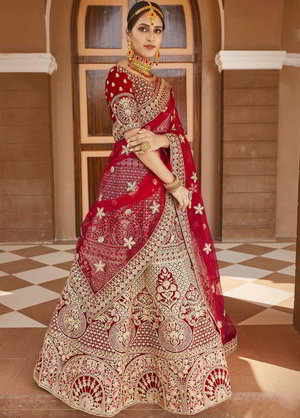 Красный бархатный индийский женский свадебный костюм лехенга (ленга) чоли, украшенный вышивкой люрексом, скрученной шёлковой нитью