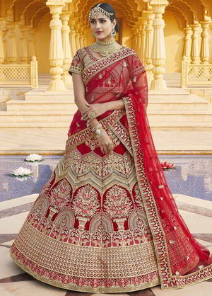 Красный индийский женский свадебный костюм лехенга (ленга) чоли из бархата, украшенный вышивкой люрексом, скрученной шёлковой нитью