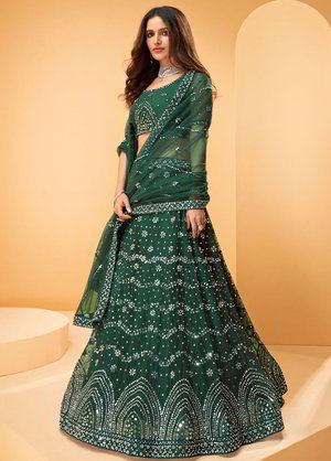 Зелёный индийский женский свадебный костюм лехенга (ленга) чоли из фатина, украшенный вышивкой люрексом со стразами, кусочками зеркалец