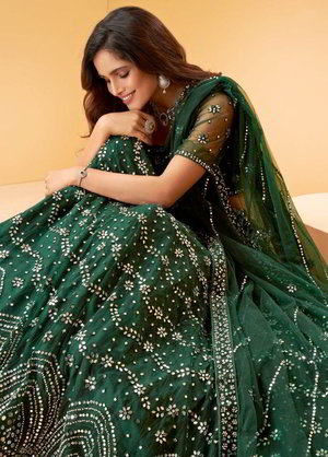 Зелёный индийский женский свадебный костюм лехенга (ленга) чоли из фатина, украшенный вышивкой люрексом со стразами, кусочками зеркалец