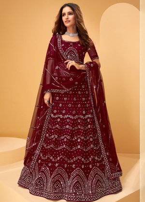 Бордовый индийский женский свадебный костюм лехенга (ленга) чоли из фатина, украшенный вышивкой люрексом со стразами, кусочками зеркалец