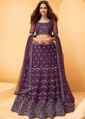 Фиолетовый индийский женский свадебный костюм лехенга (ленга) чоли из фатина, украшенный вышивкой люрексом со стразами, кусочками зеркалец
