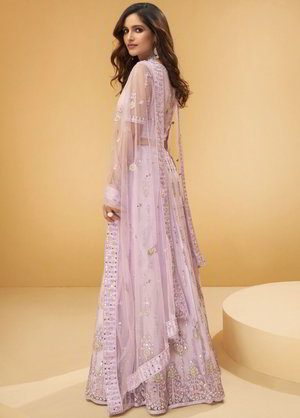 Лавандовый индийский женский свадебный костюм лехенга (ленга) чоли из фатина, украшенный вышивкой люрексом со стразами, кусочками зеркалец