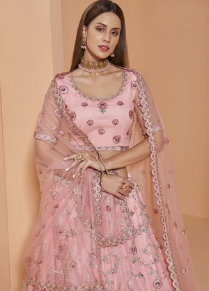 Розовый индийский женский свадебный костюм лехенга (ленга) чоли из фатина, украшенный вышивкой люрексом со стразами