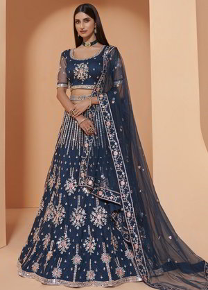 Синий индийский женский свадебный костюм лехенга (ленга) чоли из фатина, украшенный вышивкой люрексом со стразами, кусочками зеркалец