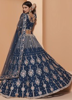 Синий индийский женский свадебный костюм лехенга (ленга) чоли из фатина, украшенный вышивкой люрексом со стразами, кусочками зеркалец