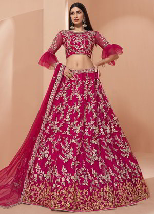 Цвета фуксии индийский женский свадебный костюм лехенга (ленга) чоли из фатина, украшенный вышивкой люрексом со стразами, пайетками