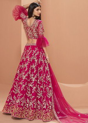 Цвета фуксии индийский женский свадебный костюм лехенга (ленга) чоли из фатина, украшенный вышивкой люрексом со стразами, пайетками
