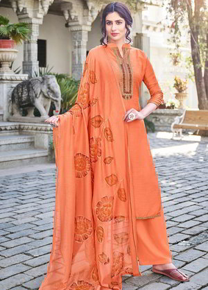 Оранжевое хлопко-шёлковое платье / костюм, украшенное вышивкой люрексом, печатным рисунком