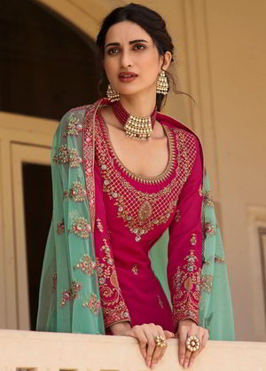 Цвета фуксии индийский женский свадебный костюм лехенга (ленга) чоли из креп-жоржета, украшенный вышивкой люрексом с пайетками
