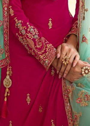 Цвета фуксии индийский женский свадебный костюм лехенга (ленга) чоли из креп-жоржета, украшенный вышивкой люрексом с пайетками