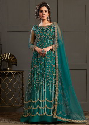 Сине-зелёное и синее длинное платье / анаркали / костюм из атласа и фатина, украшенное вышивкой