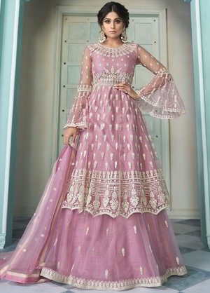 Розовый индийский женский свадебный костюм лехенга (ленга) чоли из фатина, украшенный вышивкой