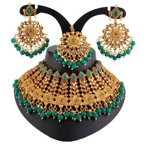 Зелёное и золотое индийское украшение на шею со стразами