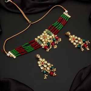 Разноцветное и золотое индийское украшение на шею со стразами, перламутровыми бусинками