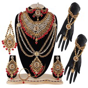 Бордовый, золотой и красный набор свадебных индийских украшений со стразами