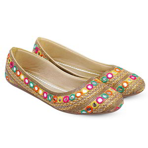 Бежевая и коричневая индийская женская обувь, украшенная вышивкой с кусочками зеркалец