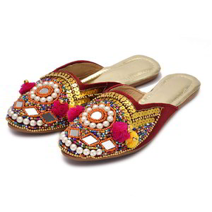 Бордовая и красная индийская женская обувь из шёлкового атласа с бисером, бусинками, кусочками зеркалец