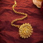 *Бежевое, коричневое и золотое индийское украшение на голову (манг-тика) со стразами, перламутровыми бусинками