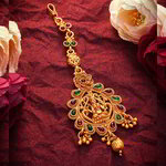 *Зелёное и золотое индийское украшение на голову (манг-тика) со стразами, перламутровыми бусинками