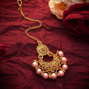 Золотое и розовое индийское украшение на голову (манг-тика) со стразами, перламутровыми бусинками